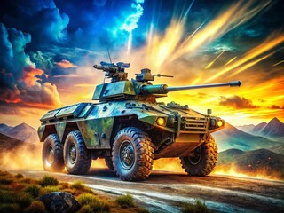 Fototapeta premium Double Exposure Military Tank, Armored Vehicle, Turret Gun, War Machine, Combat Vehicle, Military Photography, Artistic Photo, Surreal Imagery