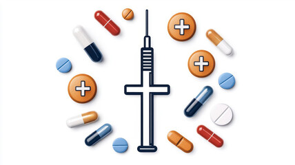 Dollar icon surrounded by healthcare related symbols like pills,