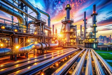 Obraz premium Double Exposure of Industrial Pipeline for Oil and Gas Processing in a Refinery, Showcasing Efficient Production Techniques and Modern Technology Integration
