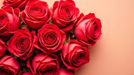 Obraz premium A bouquet of crimson roses, vibrant and lush, fills the frame, against a soft peach background. Romantic and passionate.