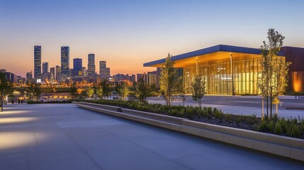 Obraz premium Modern building illuminated at sunset with a city skyline in the background.