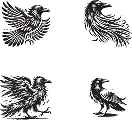 Set of Artistic Raven Silhouettes - Vector Illustrations