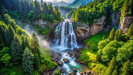 Waterfall Girl's Maiden Tears at Ritsa National Reserve: Serene Landscape, Nature Beauty, Scenic Drone Photography, Waterfall Views, Majestic