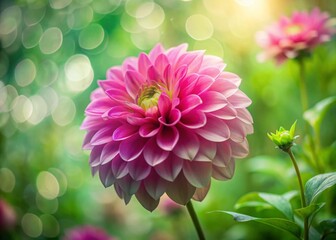 Fototapeta premium Double Exposure Pink Flower Green Background Photography, Surreal Floral Art, Dreamy Botanical Image, Pink Bloom, Green Leaves, Nature Photography