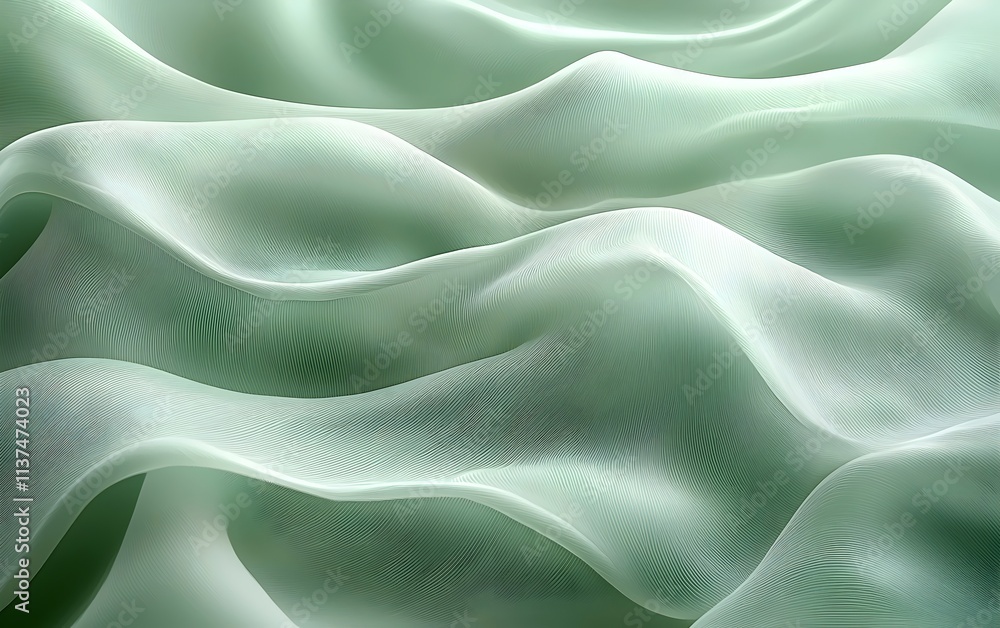 Poster an abstract composition featuring soft flowing waves of translucent fabric in pale green hues, creat