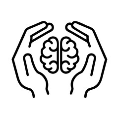Fototapeta premium hands around a brain icon, mental health day line art, mental health day icon - simple black line art icon of hands around a brain, for mental health day celebrations. mental health day vector art.