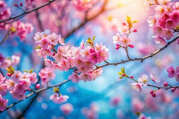 Obraz premium Double Exposure Sakura Sky: Vertical Blue Sky Background, Blurred Branches, Colorful Cherry Blossom Branches