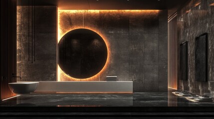 Modern bathroom with black sphere, marble walls, bathtub.