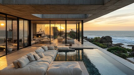 Fototapeta premium Modern coastal home with expansive glass walls and a serene ocean view at sunset.