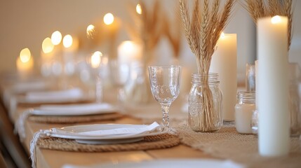 Fototapeta premium Elegant dining table with candles and wheat.
