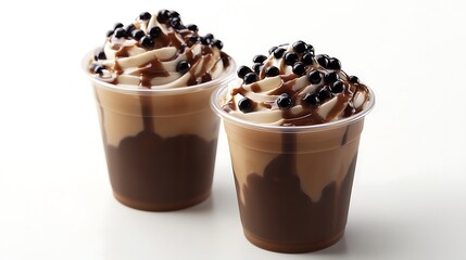 Two Delicious Brown Sugar Boba Drinks with Whipped Cream and Chocolate Drizzle