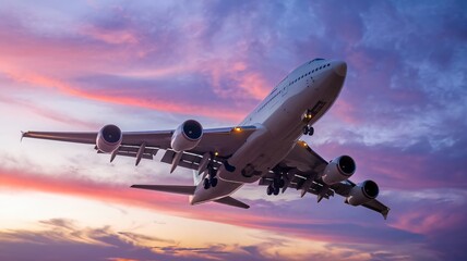 Obraz premium a large passenger airplane in flight against a vibrant sunset sky. 
