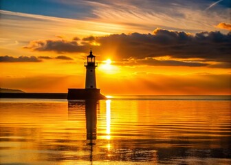 Dramatic Gold Sunrise Lighthouse Minimalist Photography - Coastal Seascape Image