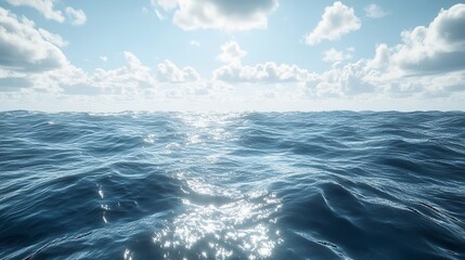 Fototapeta premium a panoramic scene of a pristine waterscape where the entirety of the deep blue sea is in sharp focus. The water is exceptionally pure and clear, reflecting the