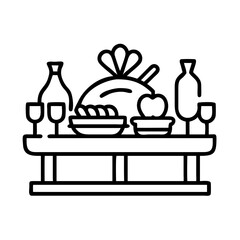 thanksgiving feast table icon, thanksgiving line art, thanksgiving icon - simple black line art icon of thanksgiving feast table, for thanksgiving celebrations. thanksgiving vector art.