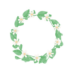 Fototapeta premium Watercolor Round Frame Wreath Illustration Easter Theme with White Small Daisies and Lush Foliage for Print and Web Use