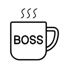 coffee mug with boss text icon, boss’s Day line art, boss’s icon - simple black line art icon of coffee mug with boss text, symbolizing boss’s Day celebrations. boss day vector art.