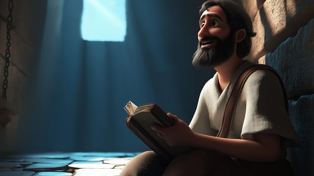  Paul in a dimly lit prison cell in Philippi, sitting on the ground with Silas, both singing hymns joyfully.