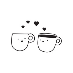 Two happy coffee cups. Romantic scene about fall in love. Design for Valentine's day. Outline illustration on white background.