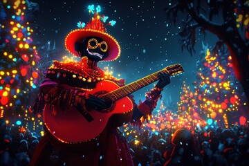 Fototapeta premium Calavera Musician Plays Guitar at Night Market