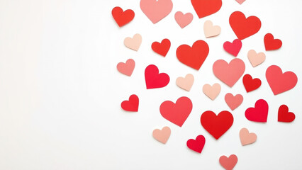 Paper hearts on white background: A clean and elegant composition featuring red, pink, and soft peach paper hearts cut from thick cardstock