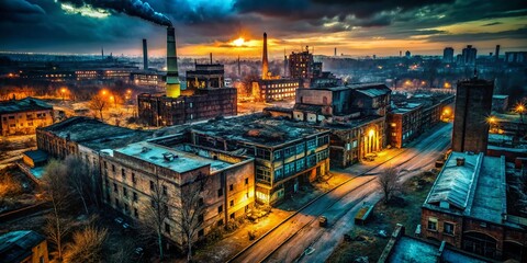 Fototapeta premium Drone Photography Dark Grungy Backdrop, Aerial Urban Decay, Vignette, Cityscape, Industrial, Night Photography