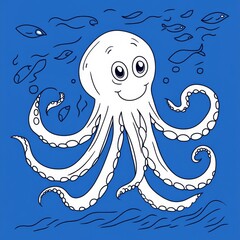 Ocean's Delight: A cheerful cartoon octopus swims amidst a school of fish, set against a vibrant blue ocean backdrop. This whimsical illustration is perfect for children's books.