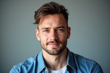 Obraz premium Confident Young Man in Blue Denim Shirt Smiling for Professional Headshot Photography
