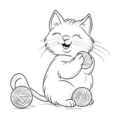 Obraz premium Playful Kitten with Yarn Balls: A delightful hand-drawn illustration of a cheerful kitten surrounded by yarn balls, perfect for children's books, greeting cards.
