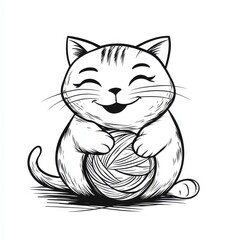 Happy Cat with Yarn Ball Illustration: A delightful line drawing of a happy cat holding a ball of yarn. Perfect for pet lovers, knitting enthusiasts.