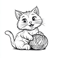 Adorable Kitten with Yarn Ball: A charming black and white illustration of a cute kitten playfully holding a ball of yarn. Perfect for children's books, coloring pages.