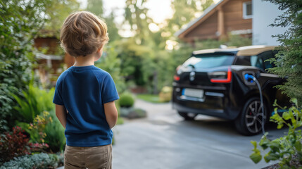 A child watching an electric car charge in their driveway, with greenery in the background to emphasize sustainability