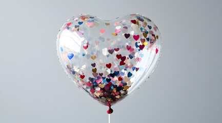 A heart-shaped balloon filled with colorful confetti hearts, perfect for celebrations and special occasions.
