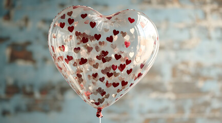 A transparent heart-shaped balloon adorned with red confetti hearts against a textured blue background. - Powered by Adobe