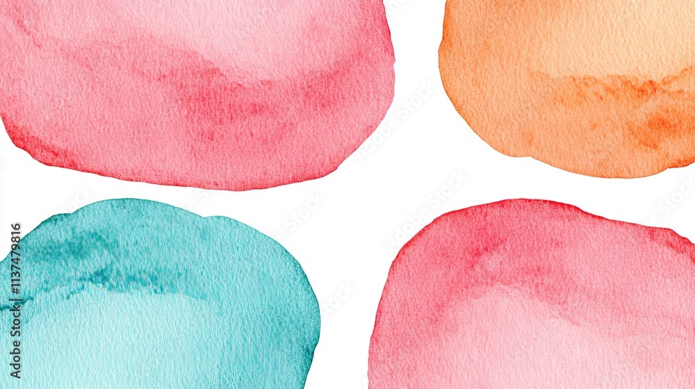 Poster abstract watercolor blobs in soft colors on a white background.
