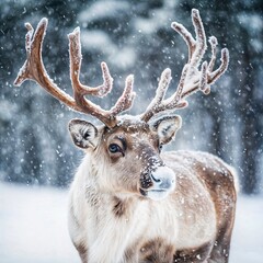 cold winter illustration. majestic reindeer standing in a snowy forest