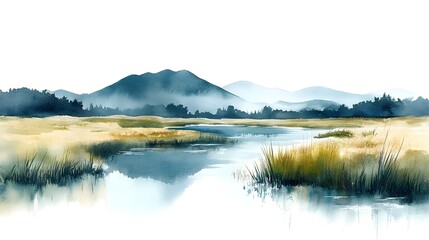 Obraz premium Tranquil Landscape of a Serene River Running Through Lush Greenery and Soft Hills Under a Clear Sky, Perfect for Nature and Relaxation Themes