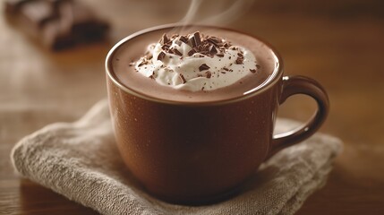 Brown ceramic cup hot chocolate drink with cream and chocolate flakes sprinkled, steaming hot, linen cloth, cozy wooden table relax light	
