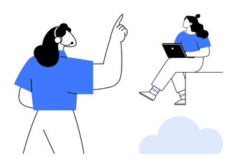Two people engaging in remote work one pointing upwards while wearing a headset and the other seated, using a laptop. Ideal for teamwork, remote work, brainstorming, communication, tech support