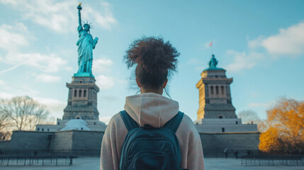 Afro woman wearing hoodie travelling to Statue of Liberty New York