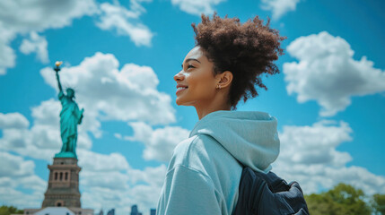 Afro woman wearing hoodie travelling to Statue of Liberty New York