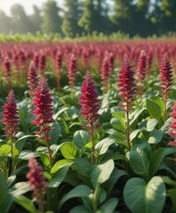 Wild amaranth flower growing wild among rows of spinach, uncommon, striking
