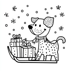 Naklejka premium Merry Pup: A cheerful dog pulls a sled full of gifts, surrounded by snowflakes, perfect for your holiday coloring book. 