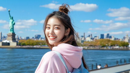 Korean woman wearing hoodie traveling to the Statue of Liberty New York