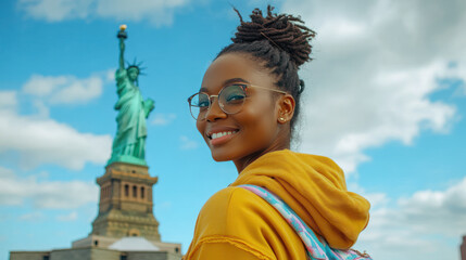 African woman wearing hoodie traveling to Statue of Liberty New York