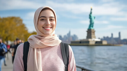 Malay woman wearing hoodie traveling to Statue of Liberty New York