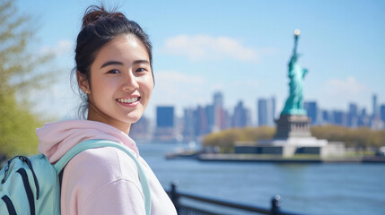 Indonesian woman wearing hoodie traveling to New York's Statue of Liberty