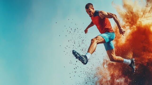 A dynamic athlete leaps amidst a burst of color and dust, showcasing energy and motion.