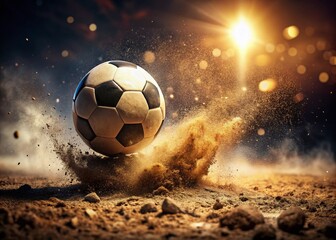 Fototapeta premium Dynamic Action Shot of a Soccer Ball Kicking Up Dirt Under Dramatic Lighting with Left Position for Copy Space, Capturing the Essence of Sport and Energy