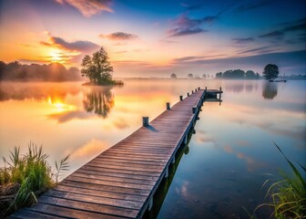 Fototapeta premium Dutch Dawn: Serene Jetty Lake Photo - Vintage Style Photography, Netherlands Still Lake, Sunrise Jetty, Calm Water, Early Morning, Misty Lake, Vintage Netherlands